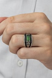 2 Sıra Yeşil Baget Taşlı 925 Gümüş Erkek Yüzük thumbnail 8