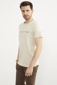 Baskılı Sıfır Yaka Pamuk Tişört - Bej thumbnail 2