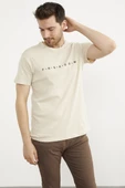 Baskılı Sıfır Yaka Pamuk Tişört - Bej thumbnail 3