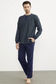 Desenli Düğmeli Yaka Pijama Takım - Lacivert - 1