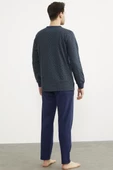 Desenli Düğmeli Yaka Pijama Takım - Lacivert - 5