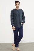 Desenli Düğmeli Yaka Pijama Takım - Lacivert - 3