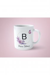 Kişiye Özel B Baş Harfli Isimli Mor Çerçeveli Beyaz Kupa Bardak-1 - 1