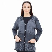 Fresh&Moda Kadın Siyah Gri Desenli Düğmeli Triko Cepli Kışlık Anne Hırkası - 5