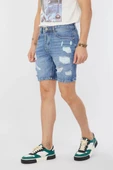 Erkek Boyalı Yırtık Jean Şort Mavi - 2