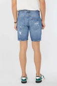 Erkek Boyalı Yırtık Jean Şort Mavi - 3