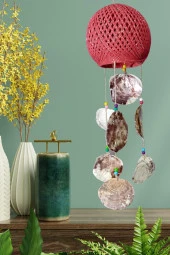 Rüzgar Çanı Jüt ip Hasır Top Kafesli Lamba Başlığı Kırmızı Sedefli thumbnail 6