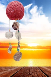 Rüzgar Çanı Jüt ip Hasır Top Kafesli Lamba Başlığı Kırmızı Sedefli thumbnail 11