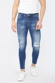 Erkek Skinny Fit Yırtık Detaylı Jean Koyu Mavi - 1