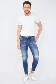 Erkek Skinny Fit Yırtık Detaylı Jean Koyu Mavi - 4