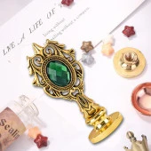 Kraliyet Yeşil Taşlı Döküm Metal Mum Mühürü Sapı Gold 1 thumbnail 3