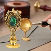 Kraliyet Yeşil Taşlı Döküm Metal Mum Mühürü Sapı Gold 1 thumbnail 6
