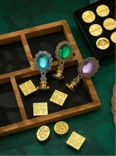 Kraliyet Lavanta Taşlı Döküm Metal Mum Mühürü Sapı Antik Gold thumbnail 10