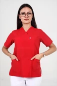 Deniz İş Kadın Terycotton Zarf Yaka Kırmızı Renk Scrubs Teküst - 2