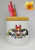 Powerpuff Girls Baskılı Seramik Kalemlik Ahşap Detaylı Makyaj Fırça Kutusu Kalem Kutusu - 1