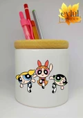 Powerpuff Girls Baskılı Seramik Kalemlik Ahşap Detaylı Makyaj Fırça Kutusu Kalem Kutusu - 1