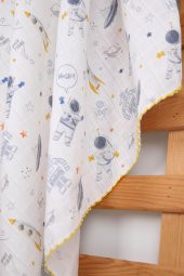 Müslin Örtü 85x90cm Astronot Desen Organik Hediyelik Emzirme Alt Açma Yenidoğan Puset Örtüsü - 10