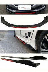 Honda Civic Fd6 2006-2011 Kırmızı Şeritli Ön Lip Ve Yan Marşpiyel Seti Piona Black - 1