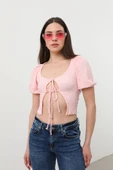 İp Bağlama Detaylı Balon Kol Bluz Pembe - 6