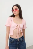 İp Bağlama Detaylı Balon Kol Bluz Pembe - 1