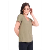 Asker Yeşil V Yaka Organik Pamuklu Tişört - 1