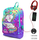 Coral High Su Yeşili Lavanta Unicorn USB Soketli Okul Çantası ve Kalemlik Seti - Kız Çocuk thumbnail 2