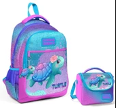 Coral High Pembe Mavi Kaplumbağa Okul Sırt ve Beslenme Çantası Seti - Kız Çocuk thumbnail 1