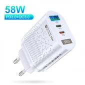Polham Süper Hızlı 58W 2x PD Type C, 1x USB Girişli Şarj Başlığı, Yüksek Akım Korumalı Şarj Adaptörü - 12
