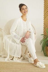 Ekru Renk 3lü ve Sabahlıklı RML-2315 Lousa - Hamile Pijama Takımı - 2