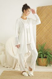 Ekru Renk 3lü ve Sabahlıklı RML-2315 Lousa - Hamile Pijama Takımı - 3