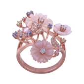 Pembe-Krem Çiçekli Rose Gold Gümüş Yüzük 6.1 Gr - 1