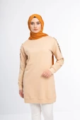 İPEKSİ İKİ İPLİK SWEATSHIRT KOLU PUL VE ZİNCİR İŞLEMELİ - Latte - 4
