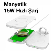 Polham 3in1 15W Hızlı Kablosuz Telefon, Kulaklık ve Saat Şarj Aleti, Katlanabilir Kablosuz Şarj - 1