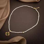 Malakit Taşlı İnci Doğal Taş Gümüş Tasarım Kolye - 54cm - 1