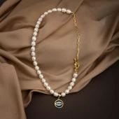 Mozaik Lapis Lazuli Taşlı İnci Doğal Taş Paper Clip Gümüş Kolye - 54cm - 1