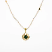 Malakit Taşlı İnci Doğal Taş Gümüş Tasarım Kolye - 54cm - 5