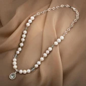 Topaz Gümüş Uç-Topaz-İnci Doğal Taş Gümüş Kolye  - 54cm - 1