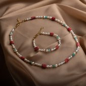 İnci-Amazonit-Mercan Altın Kaplama Kapama Doğal Taş Takı Seti thumbnail 1