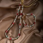 İnci-Amazonit-Mercan Altın Kaplama Kapama Doğal Taş Takı Seti thumbnail 2