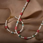 İnci-Amazonit-Mercan Altın Kaplama Kapama Doğal Taş Takı Seti thumbnail 3