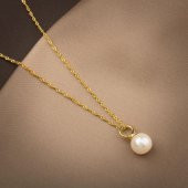 İnci Doğal Taş Gümüş Tasarım Zincir Kolye - 50cm - 1