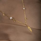 İnci Doğal Taş Gümüş Kolye - 8