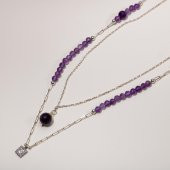 Ametist Doğal Taş 2li Gümüş Tasarım Kolye - 54cm - 1