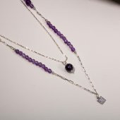 Ametist Doğal Taş 2li Gümüş Tasarım Kolye - 54cm - 3