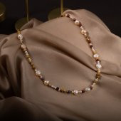 İnci-Jasper Doğal Taş Altın Kaplama Kapama Kolye - 7