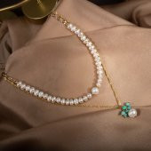 İnci-Amazonit Altın Kaplama Zincir Doğal Taş Kolye - 9