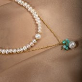 İnci-Amazonit Altın Kaplama Zincir Doğal Taş Kolye - 10