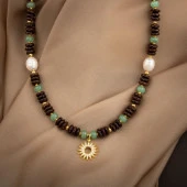 Hindistan Cevizi Kabuğu-Yeşil Aventurin-İnci Doğal Taş Gümüş Tasarım Kolye - 54cm - 1