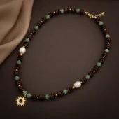 Hindistan Cevizi Kabuğu-Yeşil Aventurin-İnci Doğal Taş Gümüş Tasarım Kolye - 54cm - 4