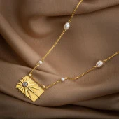 Ay Taşı Taşlı İnci Doğal Taş Gümüş Tasarım Kolye - 54cm - 2